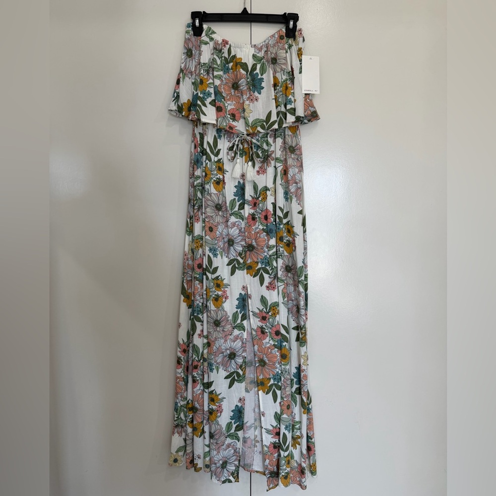 O'Neill White Floral Off-Shoulder Maxi Dress with Pink, Yellow & Green Print
